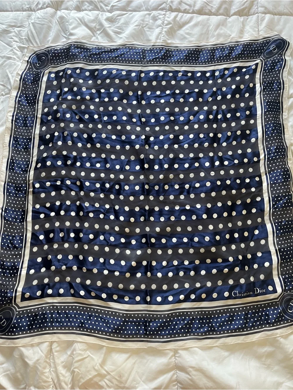 Dior Navy Blue and White Polka Dot Silk Scarf